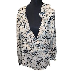 Ophelia Roe Wrap Blouse Cream Green Work Business Casual Size Med